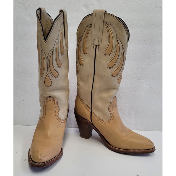 VTG FRYE Western Two Tone Leather Cowgirl Heeled Boots Women's Size 8 AA Cowboy - Picture 1 of 16